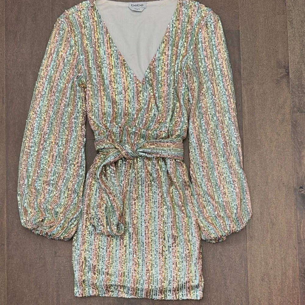 bebe XS Pastel Rainbow Sequin Balloon Sleeve Mini Dress Tie Waist
